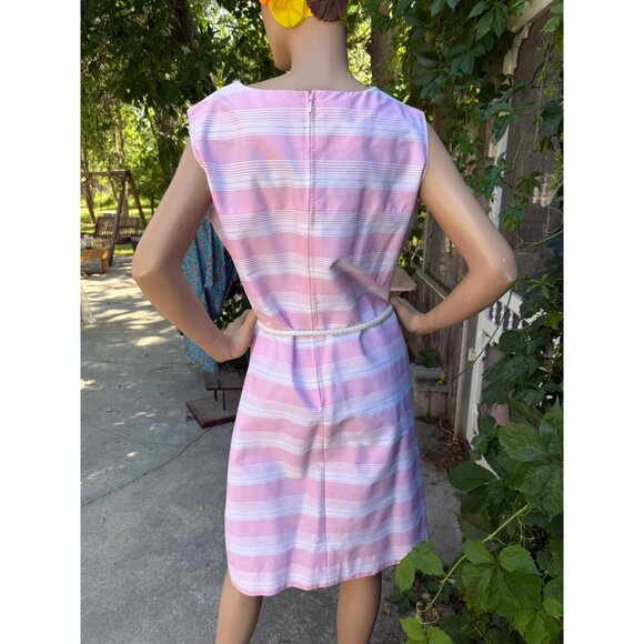 70s 80s Pink Stripe Cotton Sleeveless Shift Dress Rope Belt Scoop Neck Volup - Picture 7 of 11